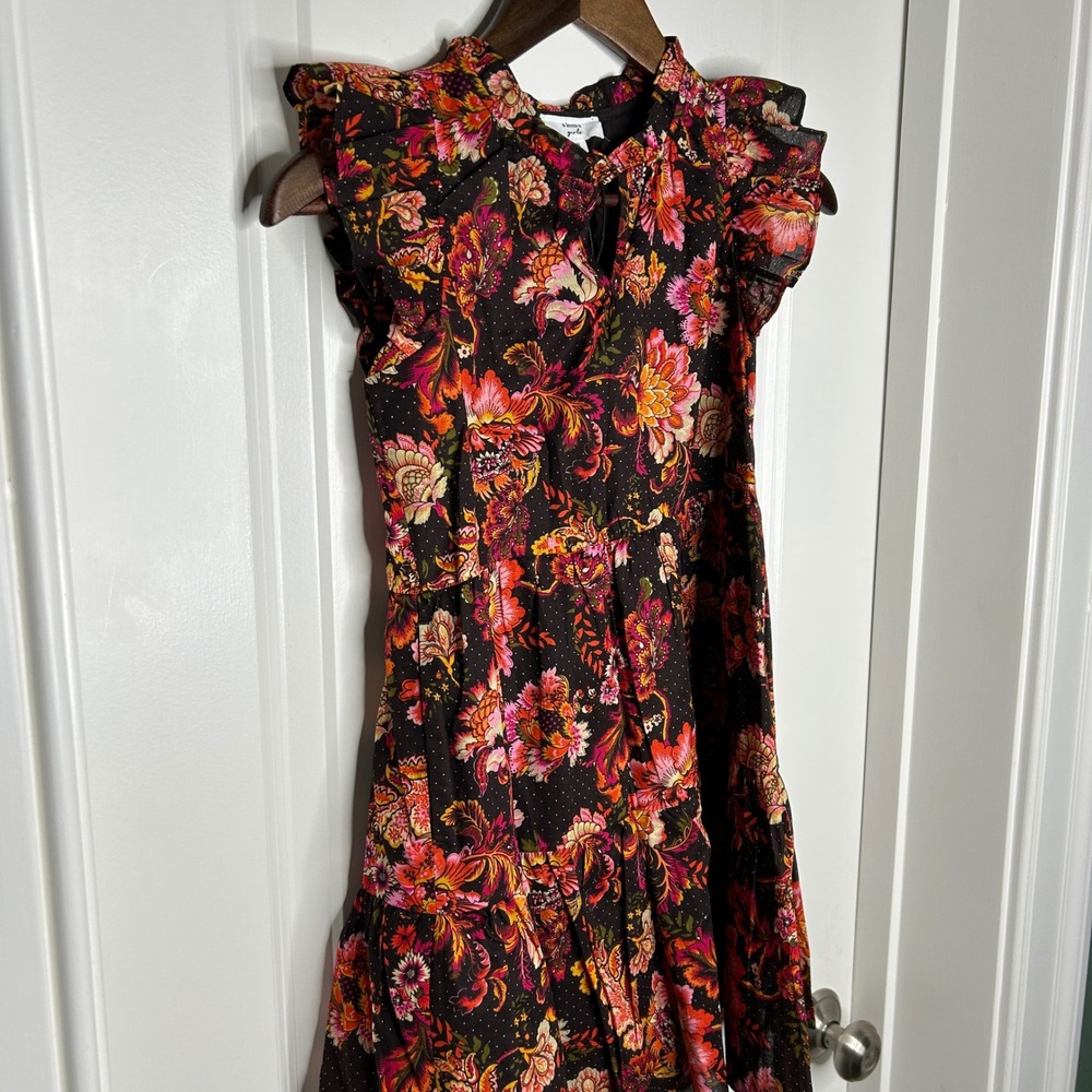 A Loves A Girls Floral Ruffle‎ Dress Kids Size M Black Pink Orange Yellow Cotton